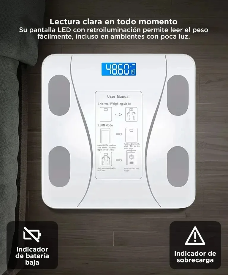 Balanza de Baño Digital App Vidrio Templado Pantalla LCD Alta Precisión 180kg Bluetooth
