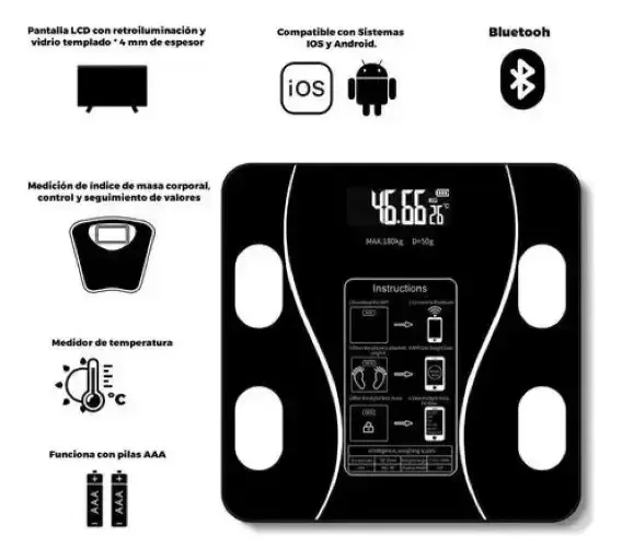 Balanza de Baño Digital App Vidrio Templado Pantalla LCD Alta Precisión 180kg Bluetooth