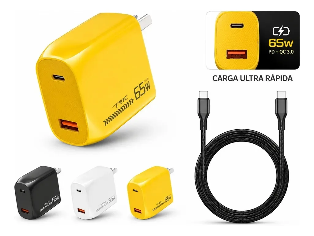Cargador Rapido 2 Usb A/C Con Cable Tipo C 65W CC-59151