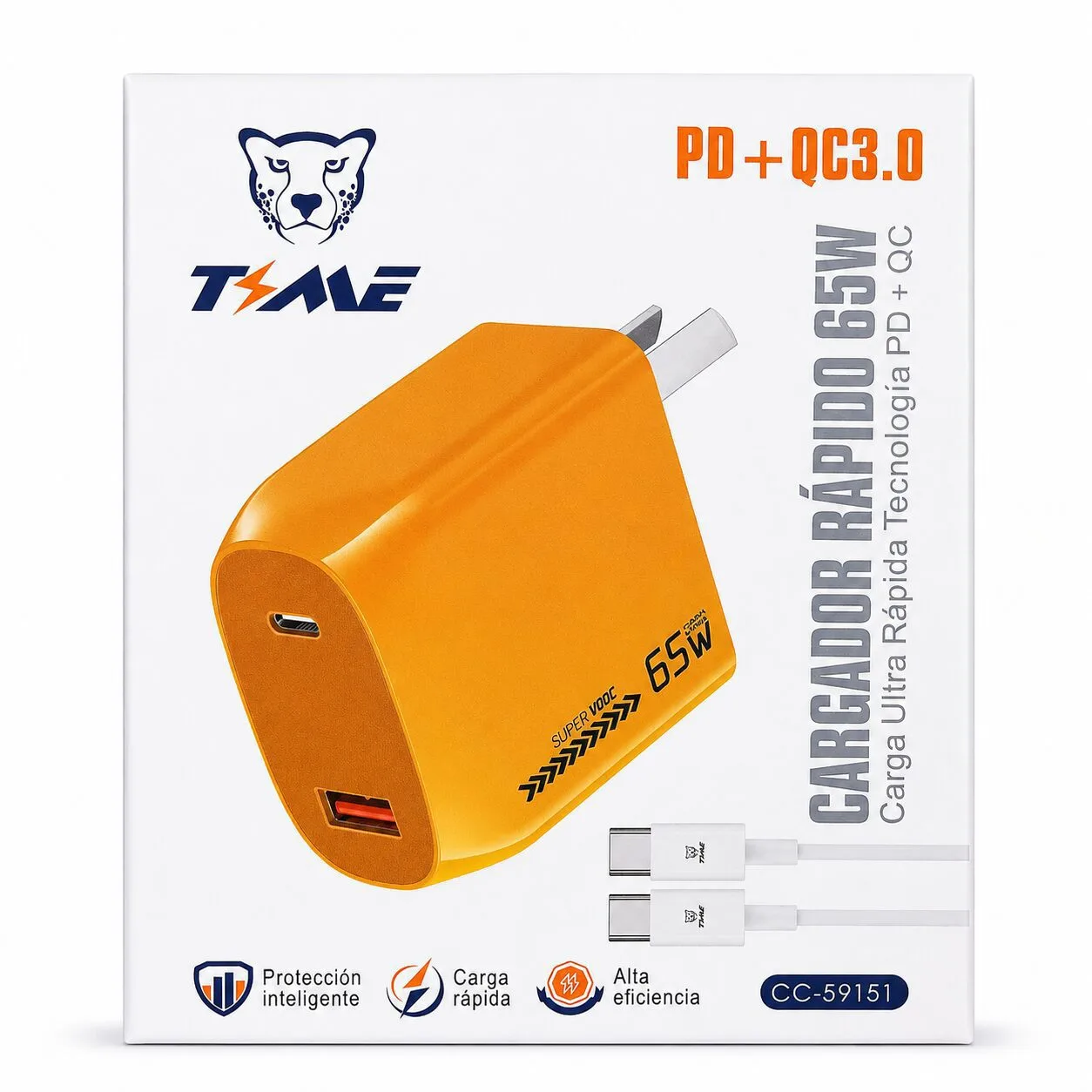 Cargador Rapido 2 Usb A/C Con Cable Tipo C 65W CC-59151