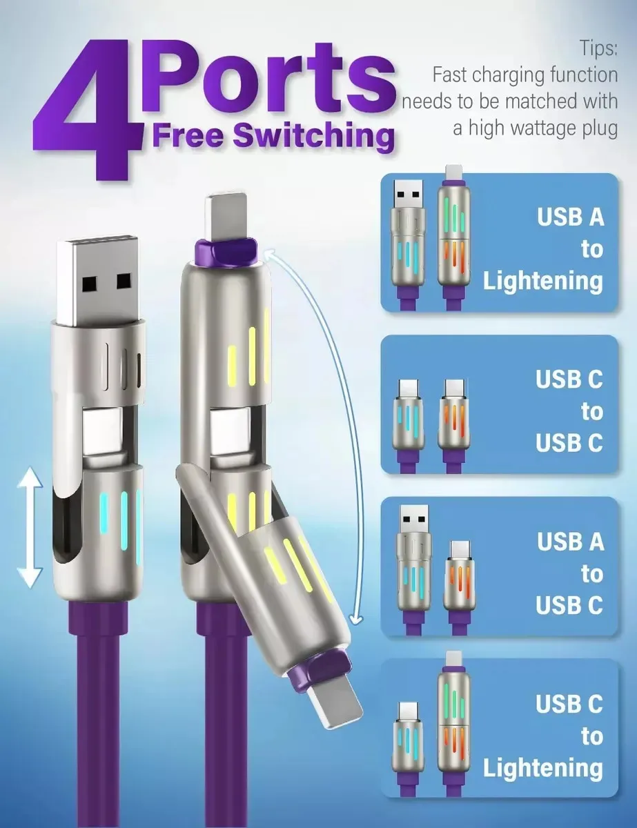Cable Usb C 4 En 1 6a De Carga Super Rápida 1Mt Grueso