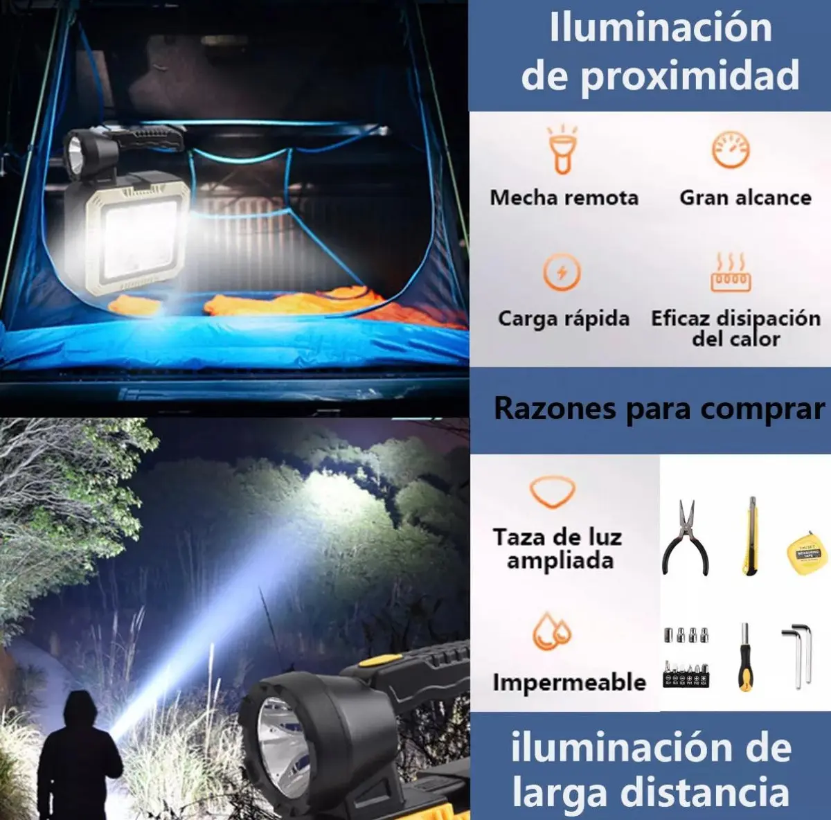 Linterna Frontal LED Solar Recargable Set Herramientas Emergencia Camping