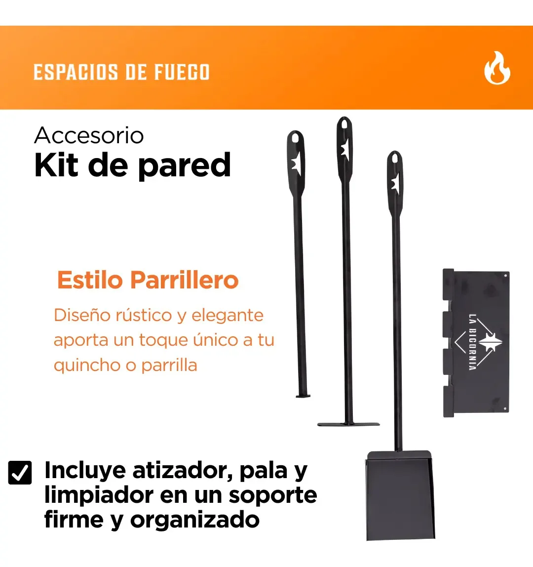 Kit Parrillero de pared Pala + Atizador + Limpiador
