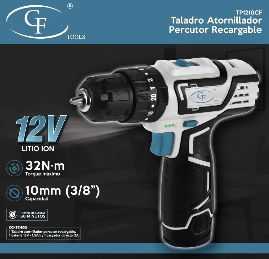 Taladro Atorillador Percutor Cf 12v 10 Mm Kit