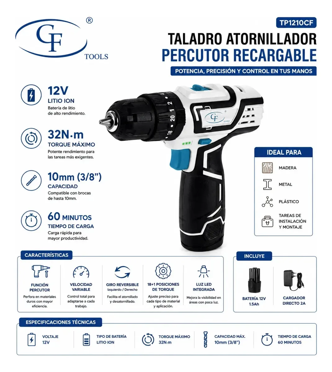 Taladro Atorillador Percutor Cf 12v 10 Mm Kit