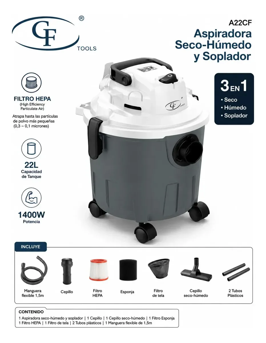 Aspiradora Cf 22l 1400w 3 En 1 Con Accesorios