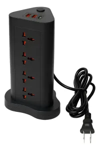 Alargue Zapatilla Torre 12 Toma Universal 220v + 2 Usb + 1 Tipo C Prolongador Vertical 2500w Color Negro