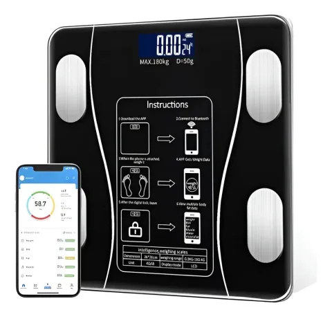 Balanza de Baño Digital App Vidrio Templado Pantalla LCD Alta Precisión 180kg Bluetooth